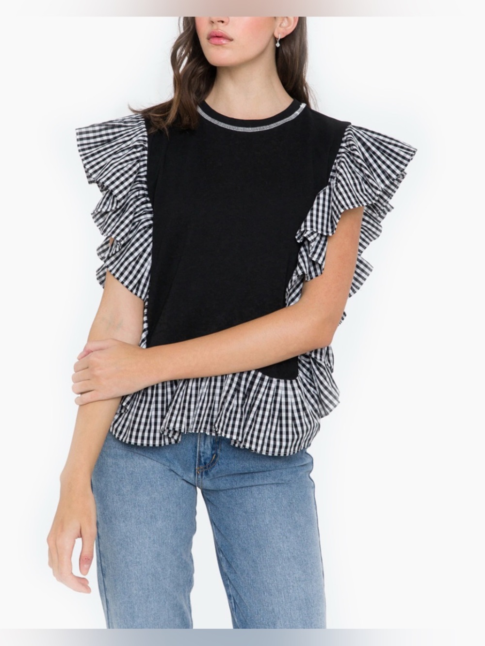 English Factory Black Top with Gingham Ruffle